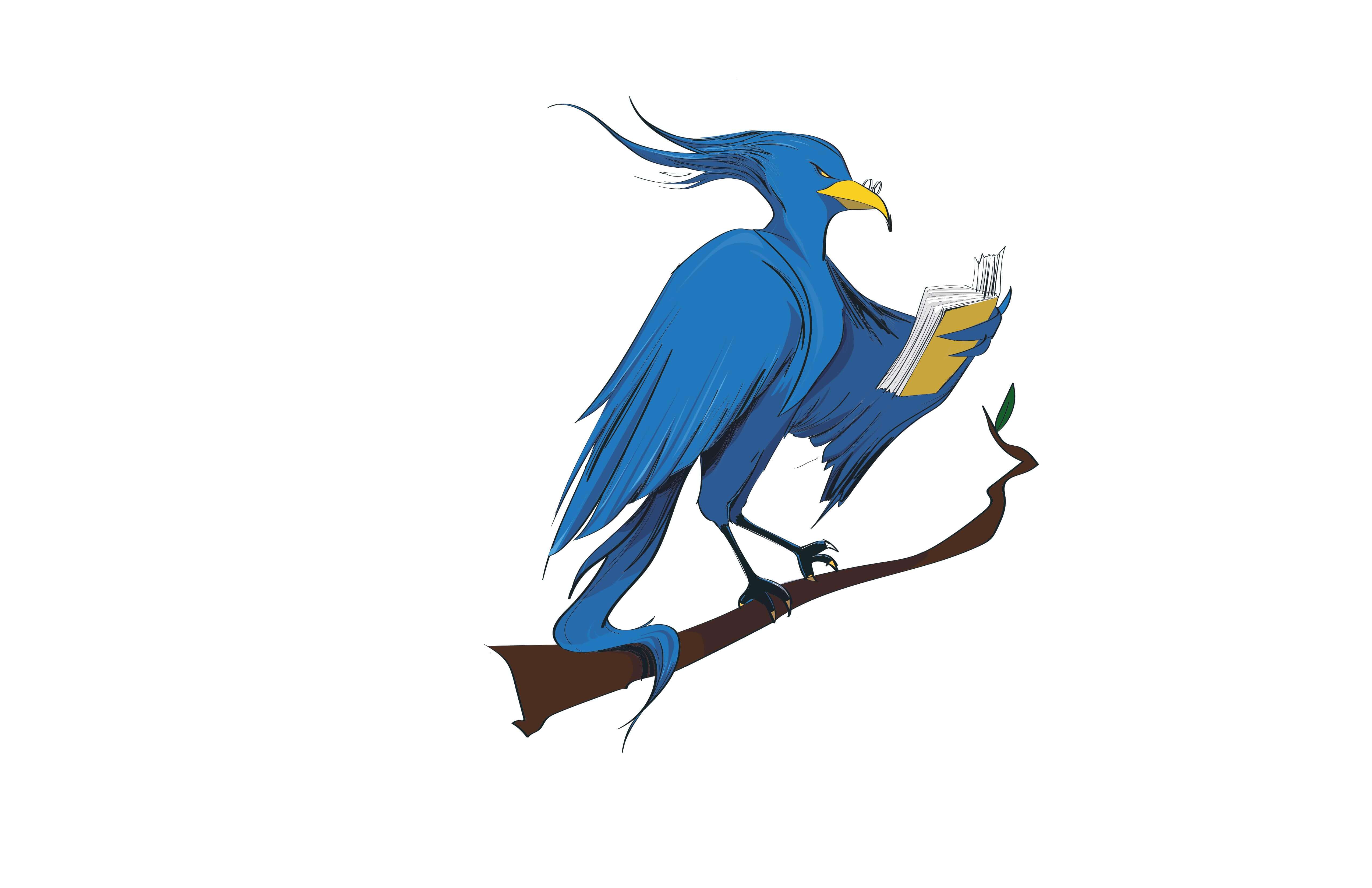 Blue Phoenix bird with glasses on a branch reading a book